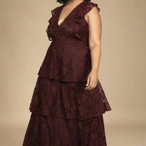 NWT Lulus Molinetto Burgundy Lace Ruffled Tiered Sleeveless Maxi Dress NWT Lulus Molinetto Burgundy Lace Ruffled Tiered Sleeveless Maxi Dress